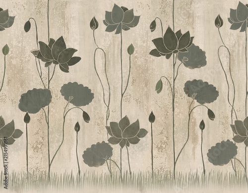 Decorative floral pattern with dark stylized poppies on beige