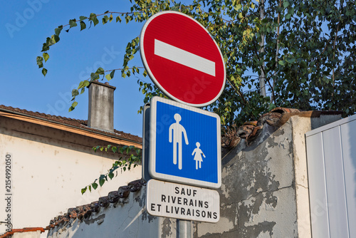 Obraz na plátně France - French road sign indicating no entry and pedestrian path except for local residents and deliveries