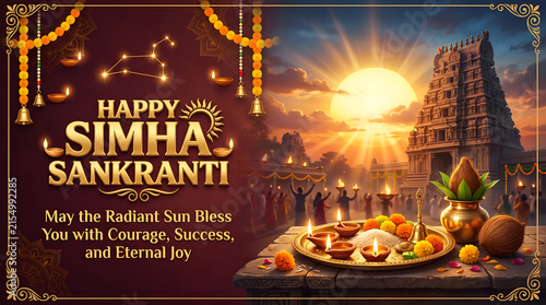 Happy Simha Sankranti Festival Greeting With Traditional Temple
