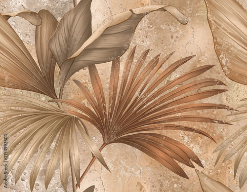 Tropical palm leaf motif on textured beige stone surface