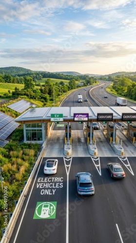 Electric Vehicle Charging Station Integrated With Highway Toll Plaza On A Sunny Day