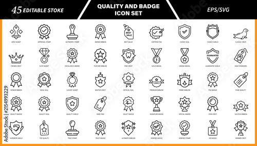 Quality and badge icon set, 45 editable stroke line icons, premium award and guarantee symbols for business marketing
