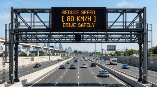 Electronic Traffic Sign Advising Drivers To Reduce Speed On Highway