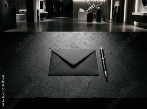 Elegant Black Envelope And Pen On Textured Surface Background