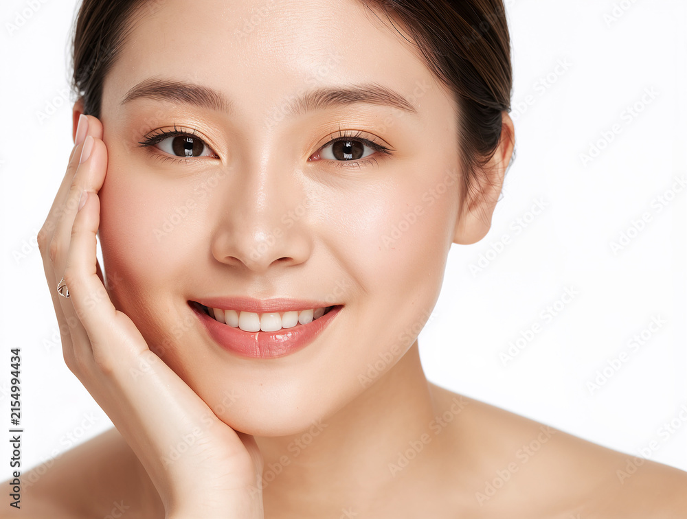 Obraz premium Beautiful Smiling Woman with Healthy Glowing Skin and Natural Makeup in Close-Up Skincare Beauty Spa and Wellness Portrait, Woman with Natural Makeup and Slicked Back Hair