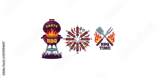Bbq party logo collection featuring charcoal grill with fire flames and assorted meat skewers in vintage flat cartoon illustration style.