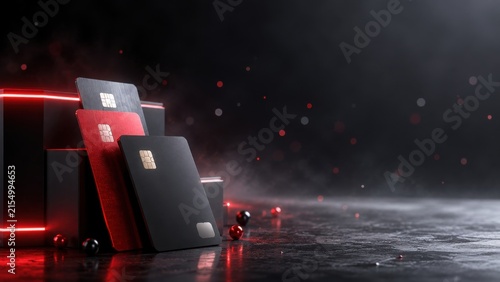 Modern credit cards with glowing red neon borders on dark textured surface for finance and banking