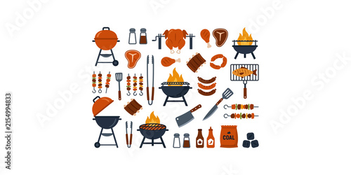 Large collection of barbecue food icons and grilling equipment including steaks and chicken and skewers and charcoal and various sauces.