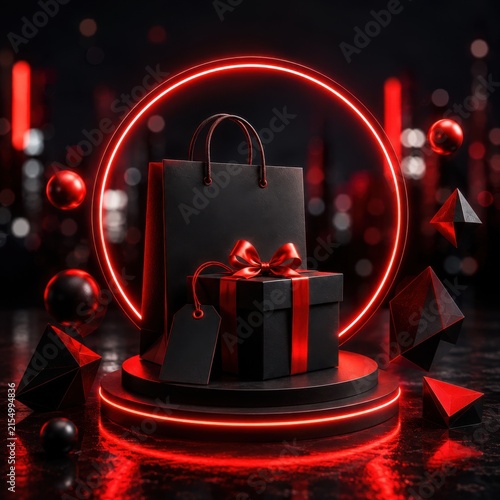 Black gift box and shopping bag with red neon circle for product display