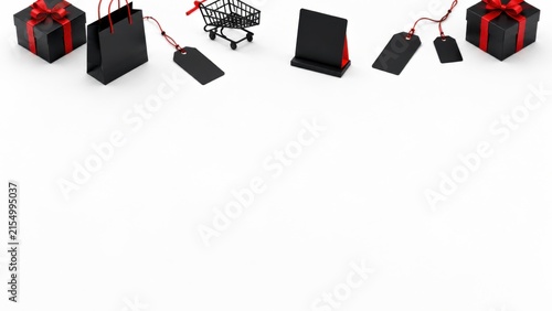 Black gift boxes and shopping cart for holiday sales and retail promotions on white background
