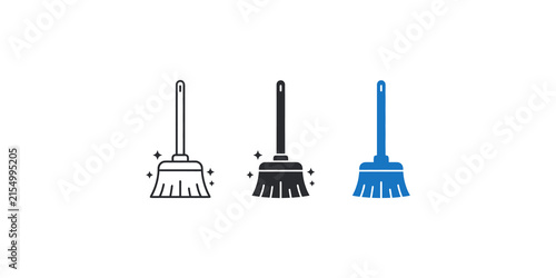 Three different brooms for cleaning and sweeping on transparent background, household and janitorial tools.
