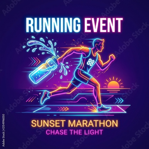 Dynamic Neon Runner In Motion Sunset Marathon Event Illustration