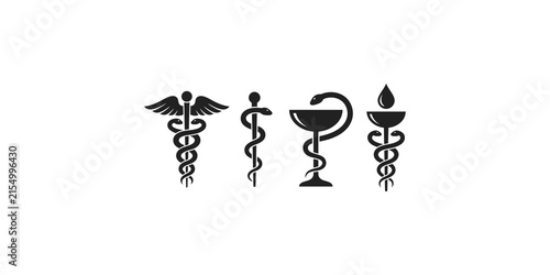 Medical caduceus symbol variations collection including staff of hermes rod of asclepius and bowls of hygeia in clean black aesthetic.