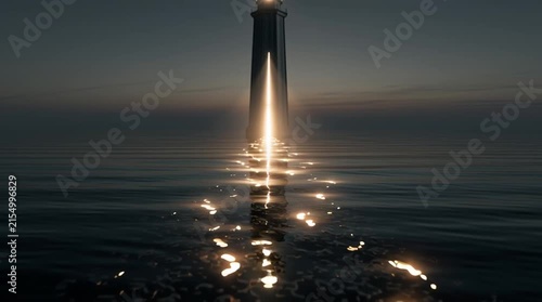 Monumental lighthouse standing in the middle of a calm ocean, its powerful beam revealing invisible pathways across the water instead of guiding ships. Surreal photorealistic scene symbolizing directi