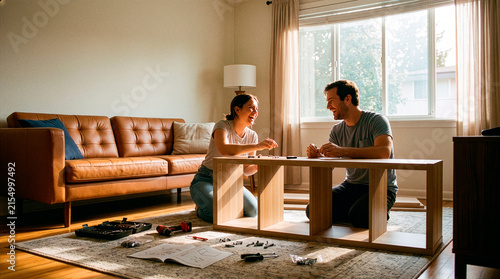 A couple assembling furniture together in their living room. The scene is bright and airy, with sunlight streaming in from a large window