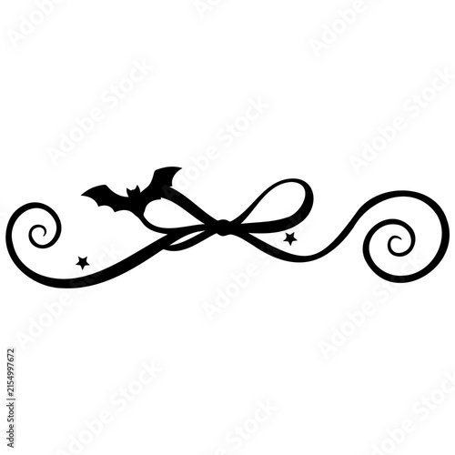 Decorative scroll divider with bow and bat icon black silhouette for halloween projects.