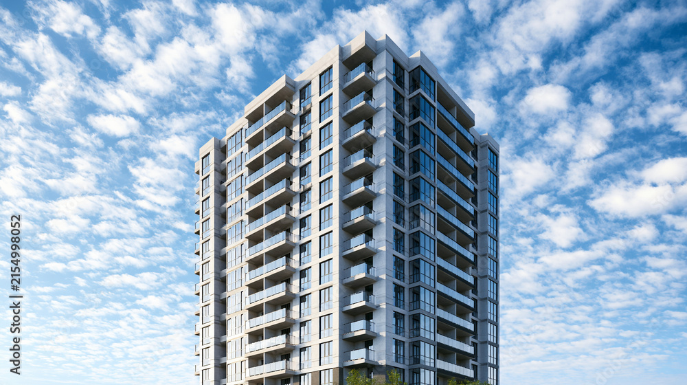Fototapeta premium Modern highrise residential building with glass balconies against a blue sky with white clouds