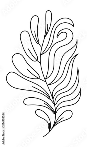 Elegant black and white vector illustration of a stylized abstract botanical branch with curved leaves. Minimalist organic logo template design perfect for luxury spa salons, natural cosmetics, homeop