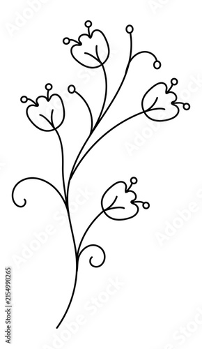 Elegant black and white vector illustration of a stylized wildflower branch with bell-shaped blossoms. Minimalist botanical logo template design suitable for beauty salons, organic cosmetics, holistic