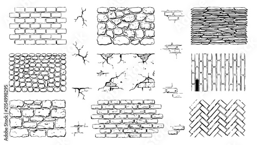 Brick Wall and Stone Texture Patterns Hand Drawn Doodle Vector Set Masonry Blocks Cobblestone Lines