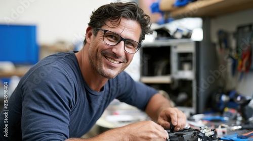 Smiling male technician portrait in workshop for website profile, team page, banner and marketing materials showing friendly repair and electronics service