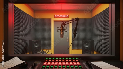 Professional sound recording studio booth with a condenser microphone acoustic foam panels audio mixing console and a glowing recording sign