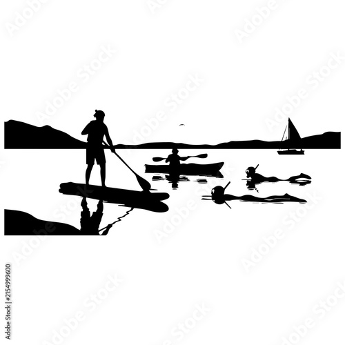 People paddle boarding snorkeling and sailing in calm bay landscape silhouette graphic.