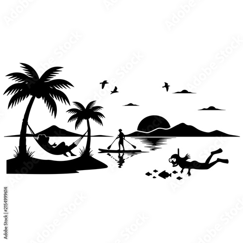 Summer vacation beach scene black silhouette with palm trees hammock and water activities.