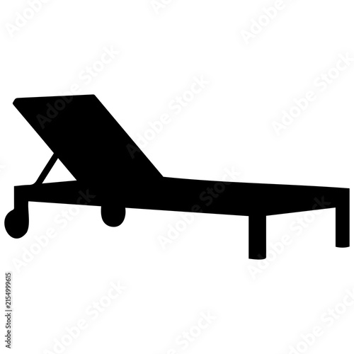 Sun lounger icon with adjustable backrest in solid black for relaxing at beach pool resort.
