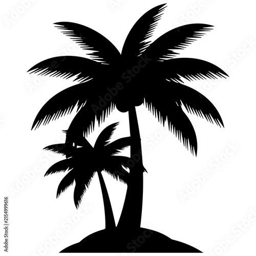 Two tropical palm trees black silhouette on small island for summer vacation design themes.