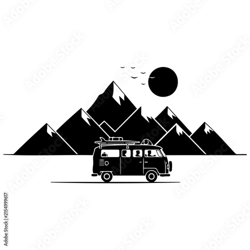 Vintage camper van driving through mountain landscape with sun and birds in black and white.