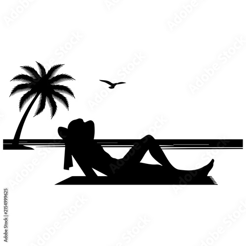Woman silhouette relaxing on tropical beach sand under palm tree with seagull flying over.