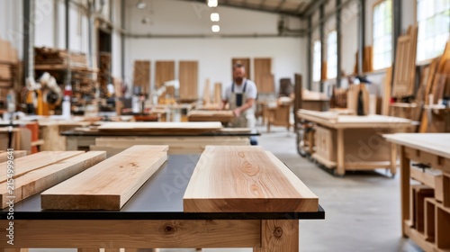 Wood workshop interior with lumber on workbench for carpentry project and woodworking design, versatile woodworking background for craft websites, brochures and manufacturing presentations