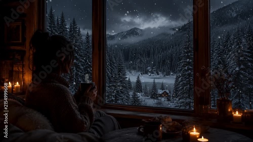 Peaceful Winter Night in a Room with Coffee and Snowy Forest View