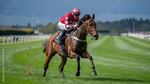 Racehorse galloping fast on a green grass track with a professional jockey wearing red and white silk racing uniform gear