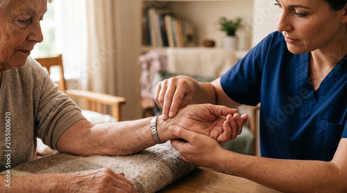 Nurse checking pulse on elderly woman’s wrist in home setting  