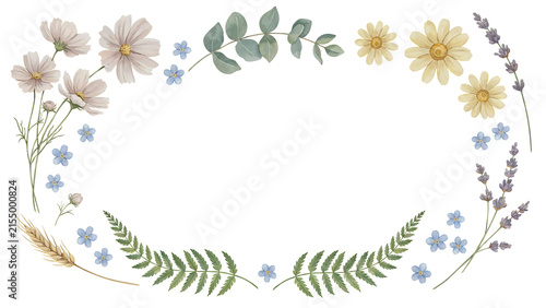 Watercolor floral frame with cosmos, daisies, lavender and ferns isolated on a transparent background