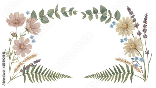 Watercolor floral frame with cosmos, daisies, lavender and ferns isolated on a transparent background