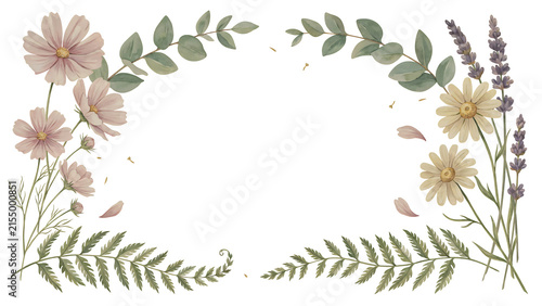 Watercolor floral frame with cosmos, daisies, lavender and ferns isolated on a transparent background