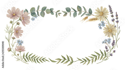 Watercolor floral frame with cosmos, daisies, lavender, and eucalyptus isolated on a transparent background