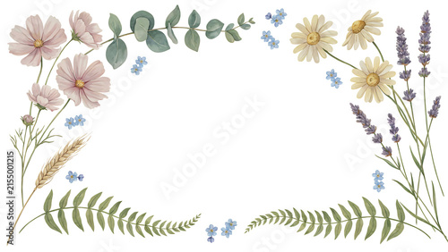 Watercolor floral frame with cosmos, daisies, lavender, and ferns isolated on a transparent background