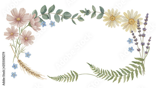 Watercolor floral frame with cosmos, daisies, lavender, and leaves isolated on a transparent background