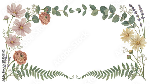 Watercolor floral frame with cosmos, ranunculus, and eucalyptus isolated on a transparent background