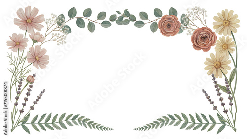 Watercolor floral frame with pink cosmos and orange roses isolated on a transparent background