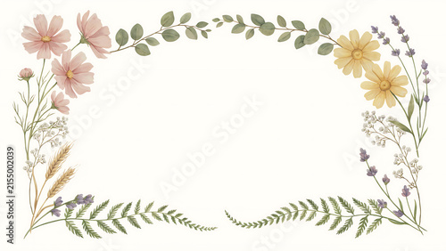 Watercolor floral frame with pink cosmos and yellow daisies isolated on a transparent background