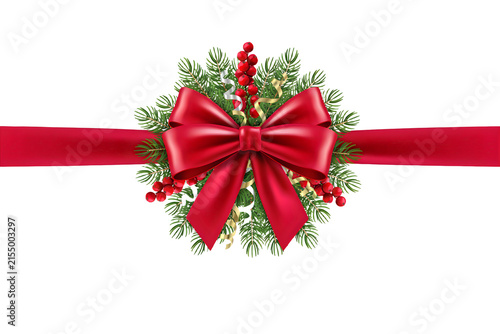 Festive christmas wreath with a vibrant red bow and holly berries isolated on transparent background