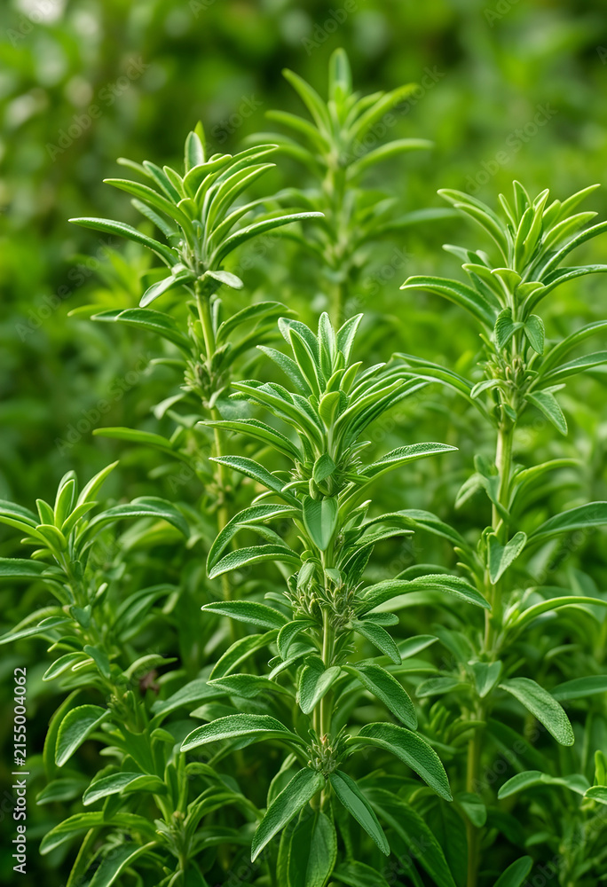 Fototapeta premium Fresh green savory herb plants growing in a garden, culinary ingredient and natural seasoning for healthy cooking
