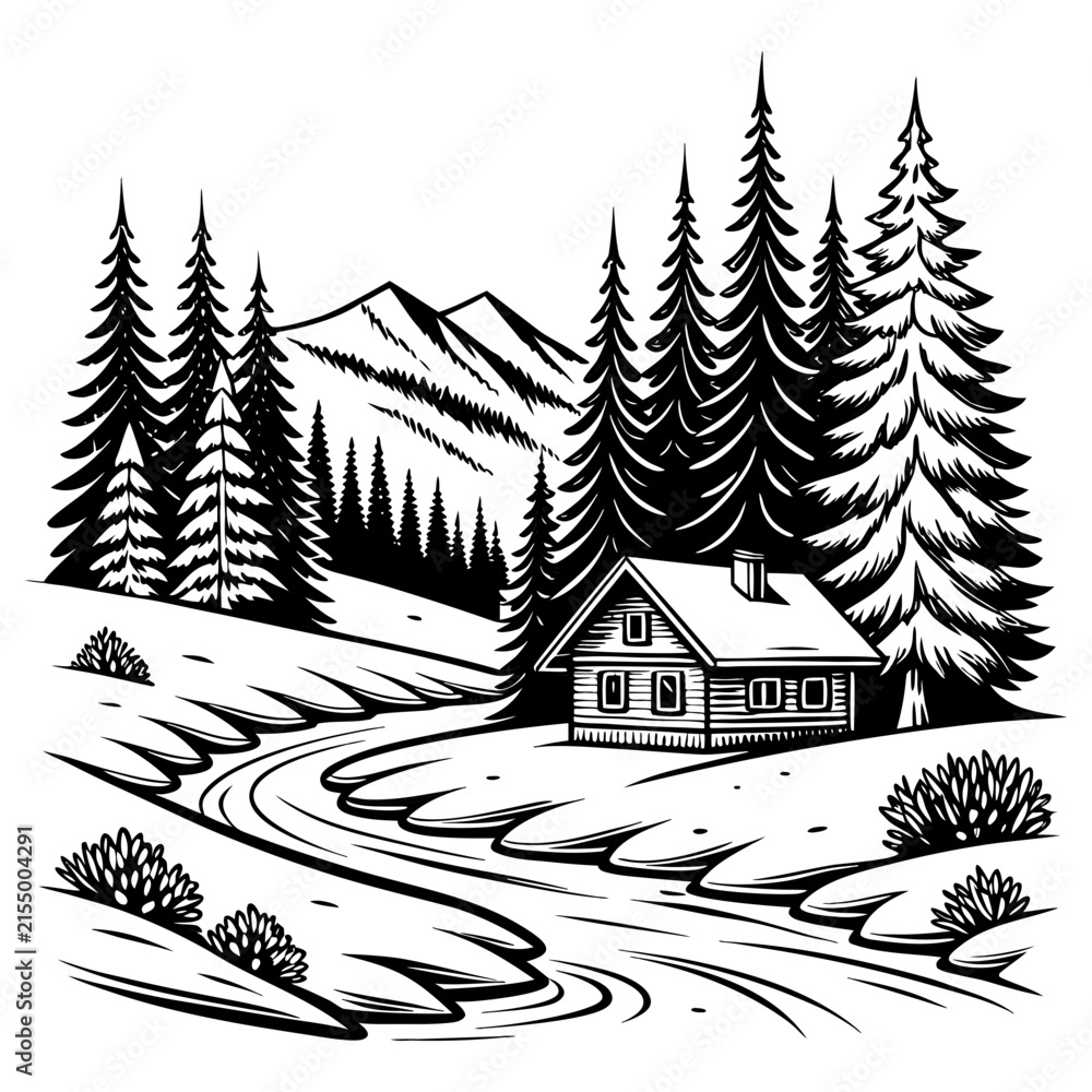 Obraz premium Winter Forest Landscape with Snow Covered Pine and Fir Trees, Cozy House, Christmas Holiday Scene, Snowy Nature, Frosty Sky and Seasonal Vector Illustration