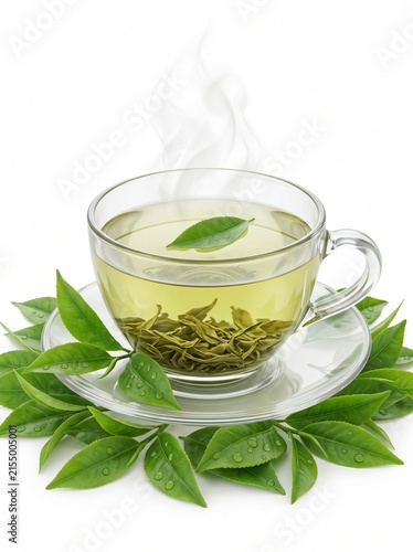 Hot Green Tea in Glass Cup with Fresh Leaves on White Background