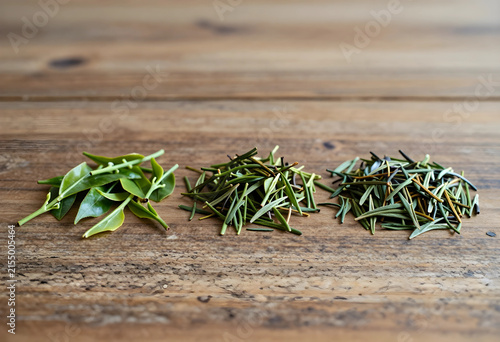 Three piles of fresh green ...